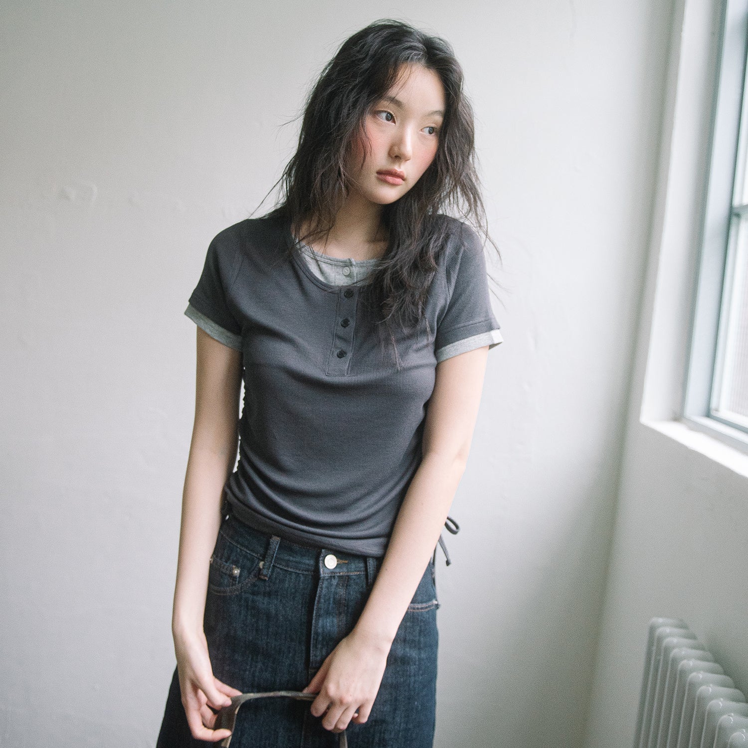 HAVISM DOUBLE HENLEY NECK S/S TEE(CHARCOAL)