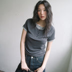 HAVISM DOUBLE HENLEY NECK S/S TEE(CHARCOAL)