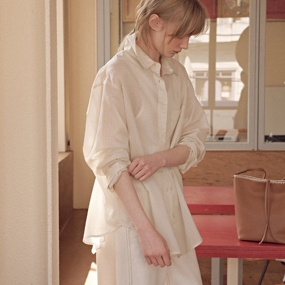 OSTKAKA [1st reorder] Sheer slit strap shirt cream stripe