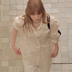 OSTKAKA [1st reorder] Sheer slit strap shirt cream stripe