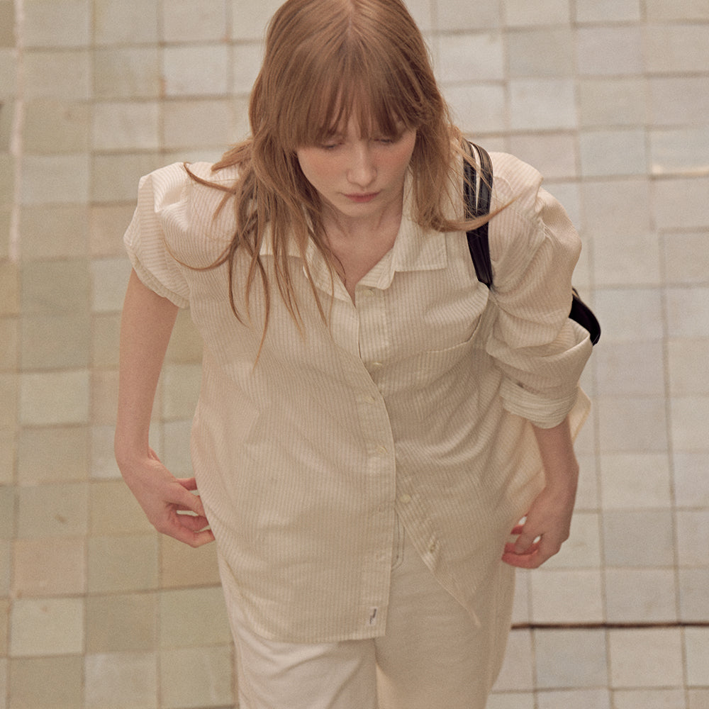 OSTKAKA [1st reorder] Sheer slit strap shirt cream stripe