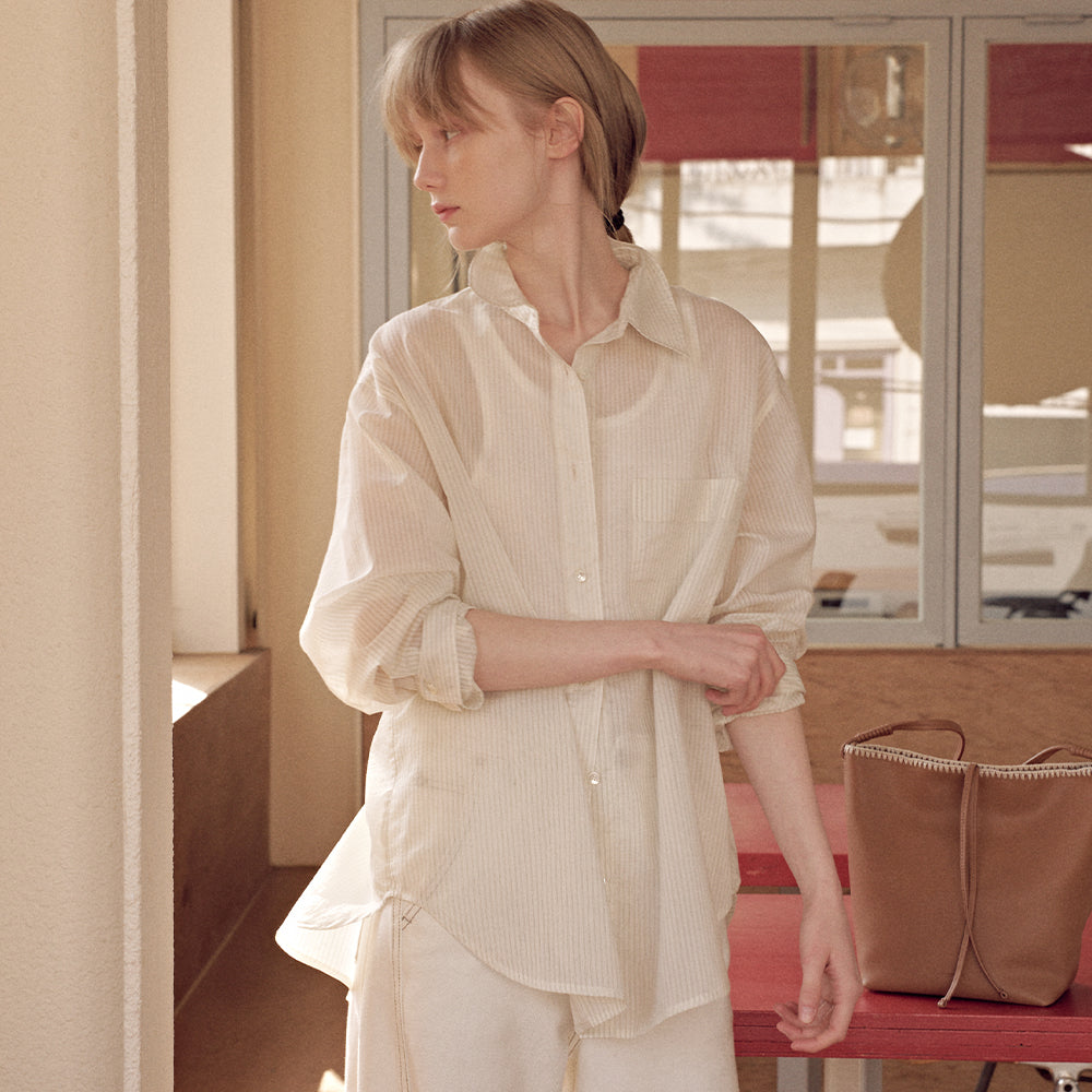 OSTKAKA [1st reorder] Sheer slit strap shirt cream stripe