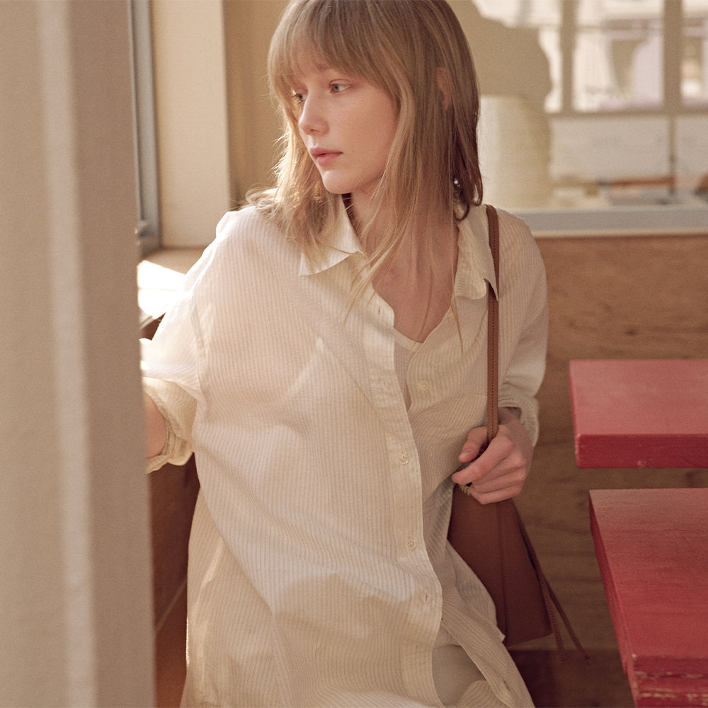 OSTKAKA [1st reorder] Sheer slit strap shirt cream stripe