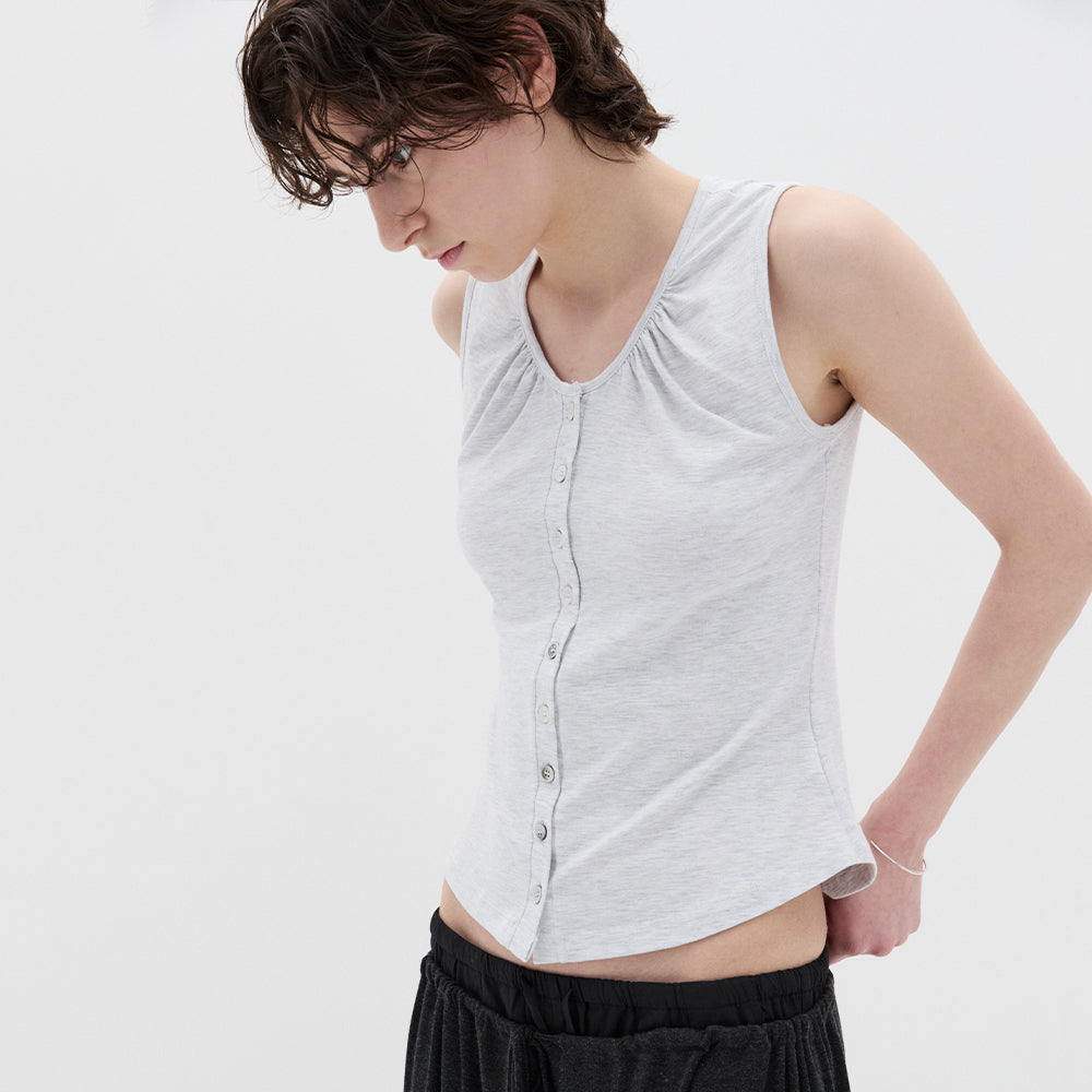 SAVIER Arco Shirring Button Top (White Melange)