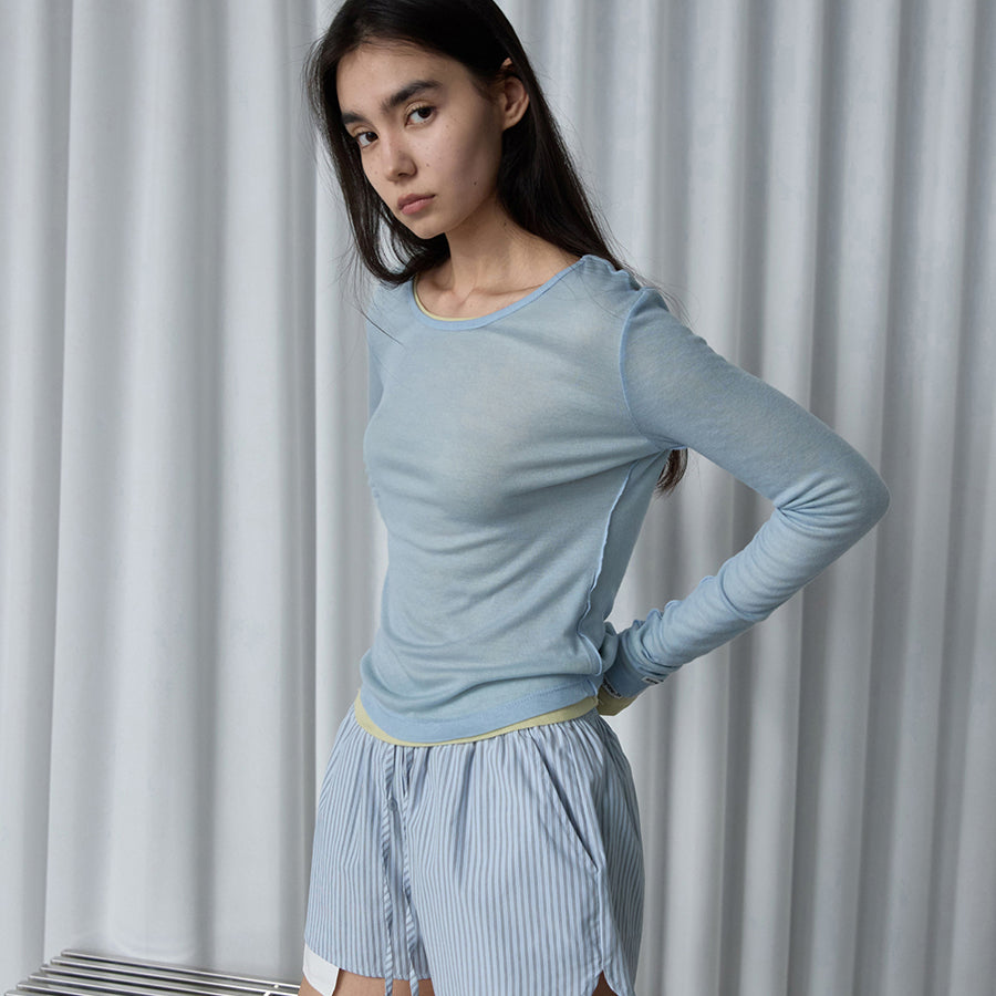 RENSE Sheer Layered Long Sleeve Tee Blue