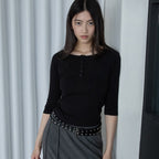 RENSE Button Henley Neck Tee Black