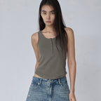 RENSE Button Henley Neck Sleeveless Khaki