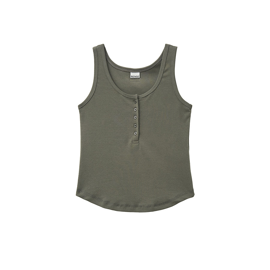 RENSE Button Henley Neck Sleeveless Khaki