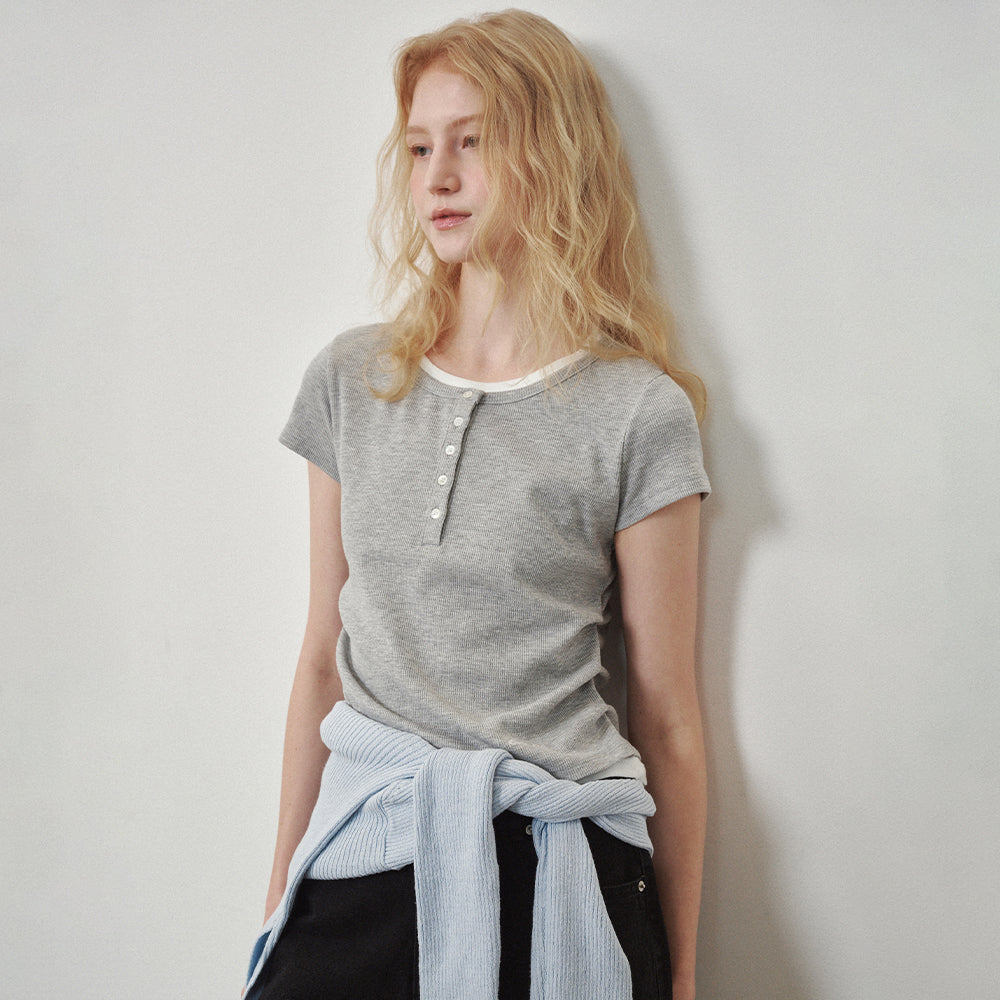 OSTKAKA [1st reorder] Waffle layered t-shirt melange gray