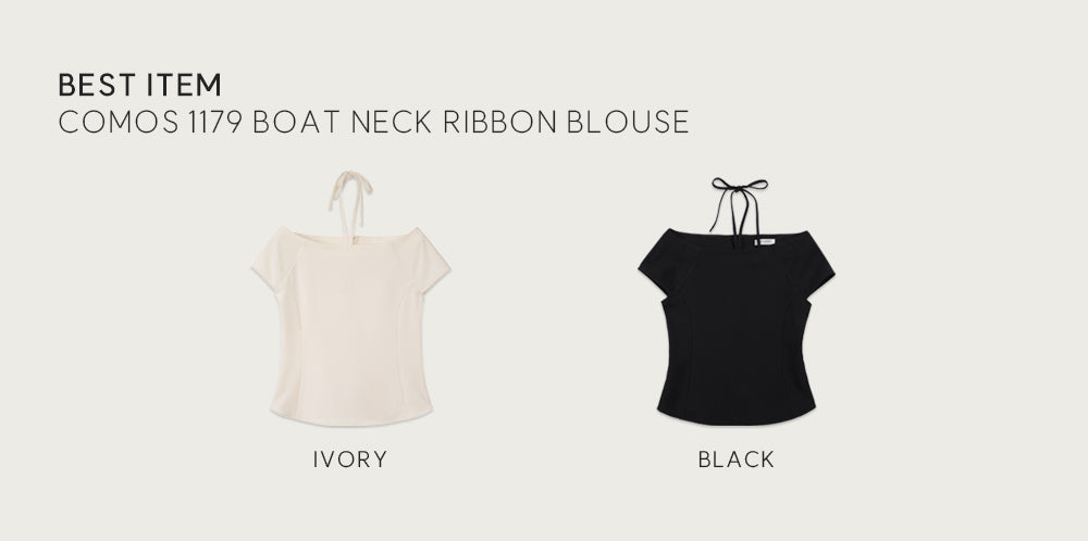 OURCOMOS comos 1179 boat neck ribbon blouse (black)
