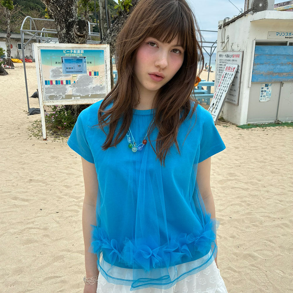 typeservice Mesh Layered Shirring Ruffle Top [Blue]