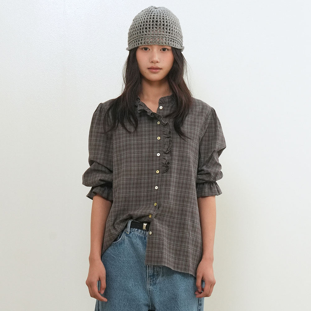 GENERAL IDEA WOMAN check frill blouse [ASH BROWN] / GF2LBL517