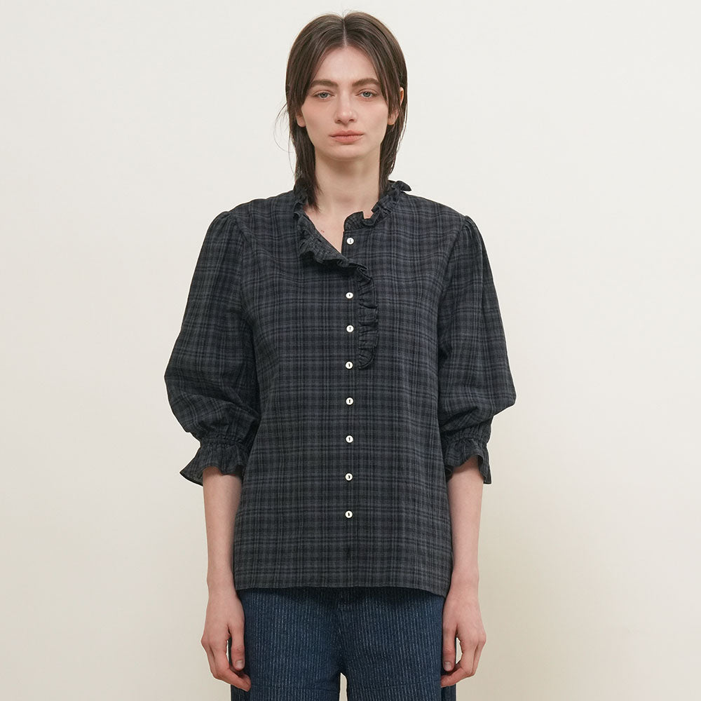 GENERAL IDEA WOMAN check frill blouse [DARK NAVY] / GF2LBL517