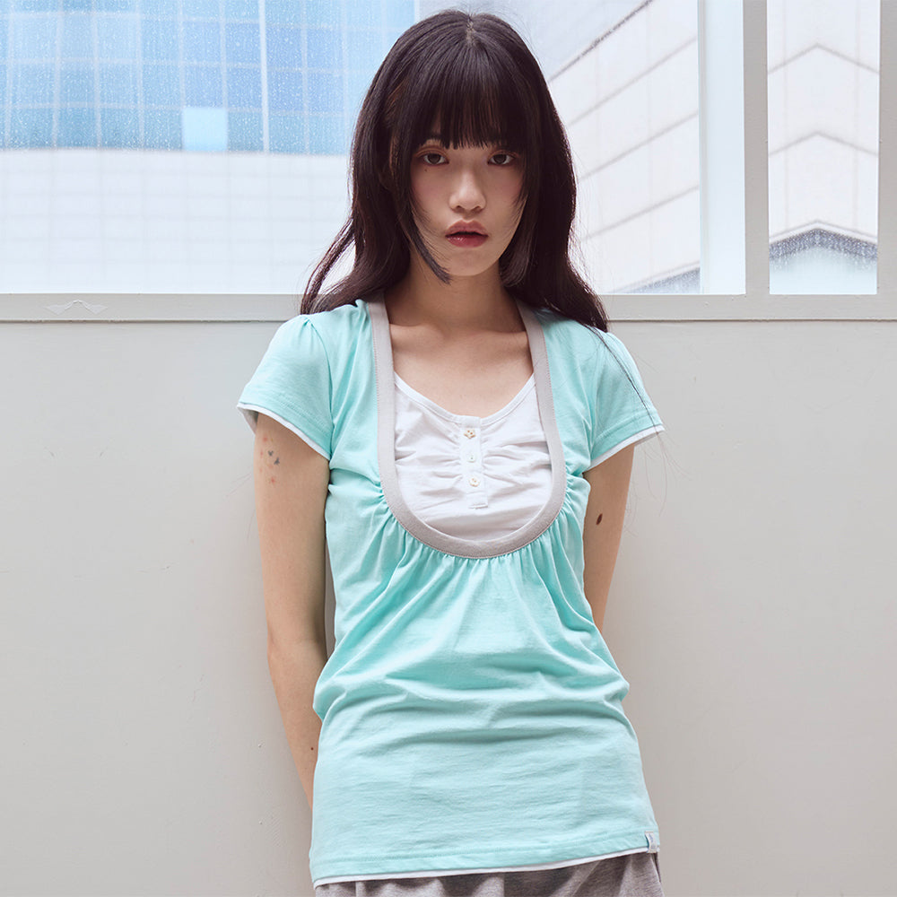 oafish Shirring U neck T-shirts, Mint
