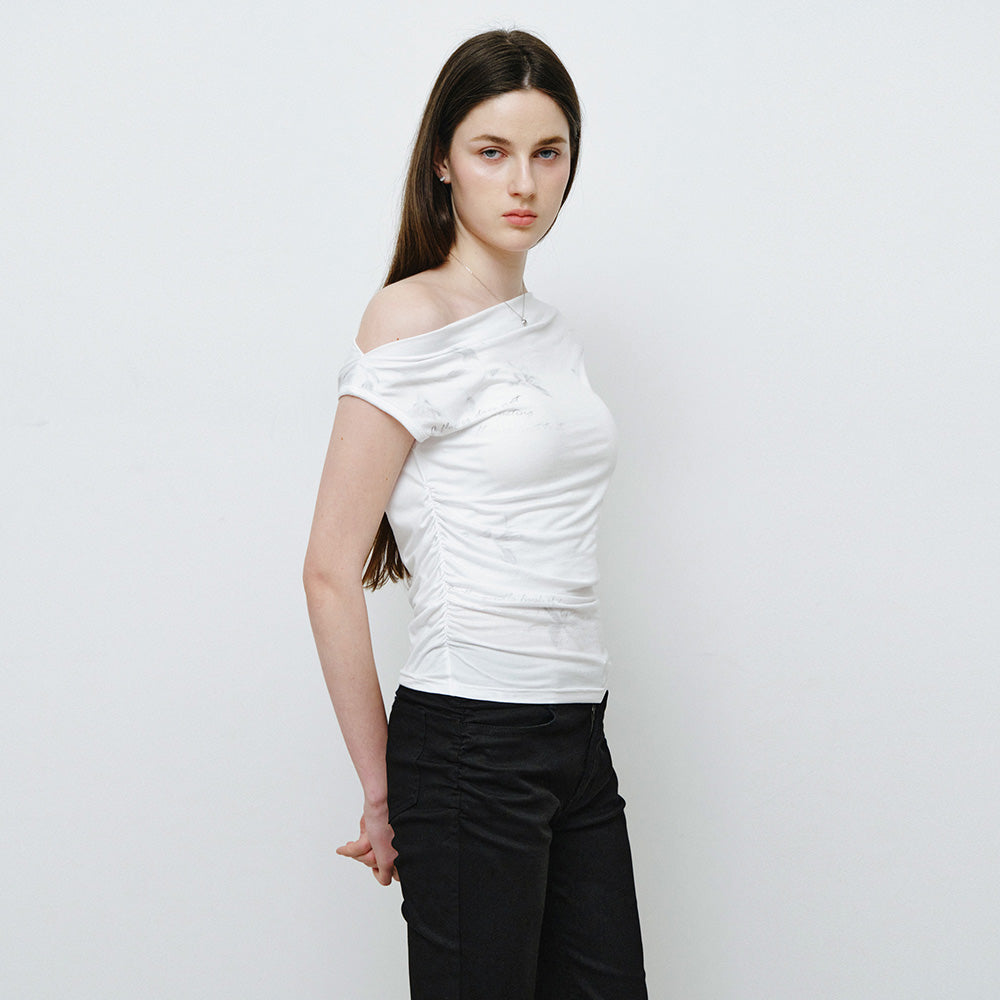 MONGDOL Flower graphic one shoulder t-shirt white MDTS089WHITE