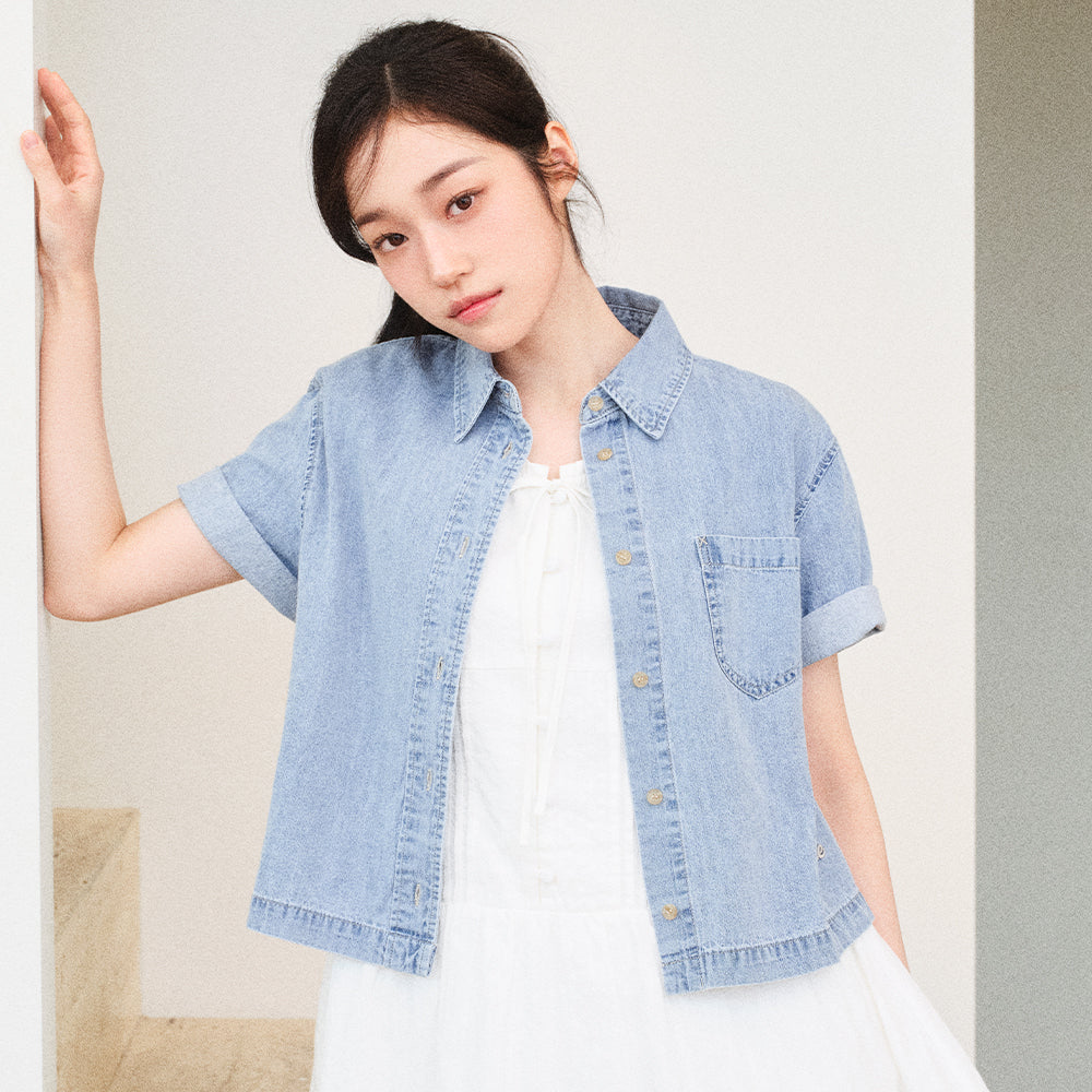 Lee Women's Cropped Denim Short Sleeve Shirt Indigo Light