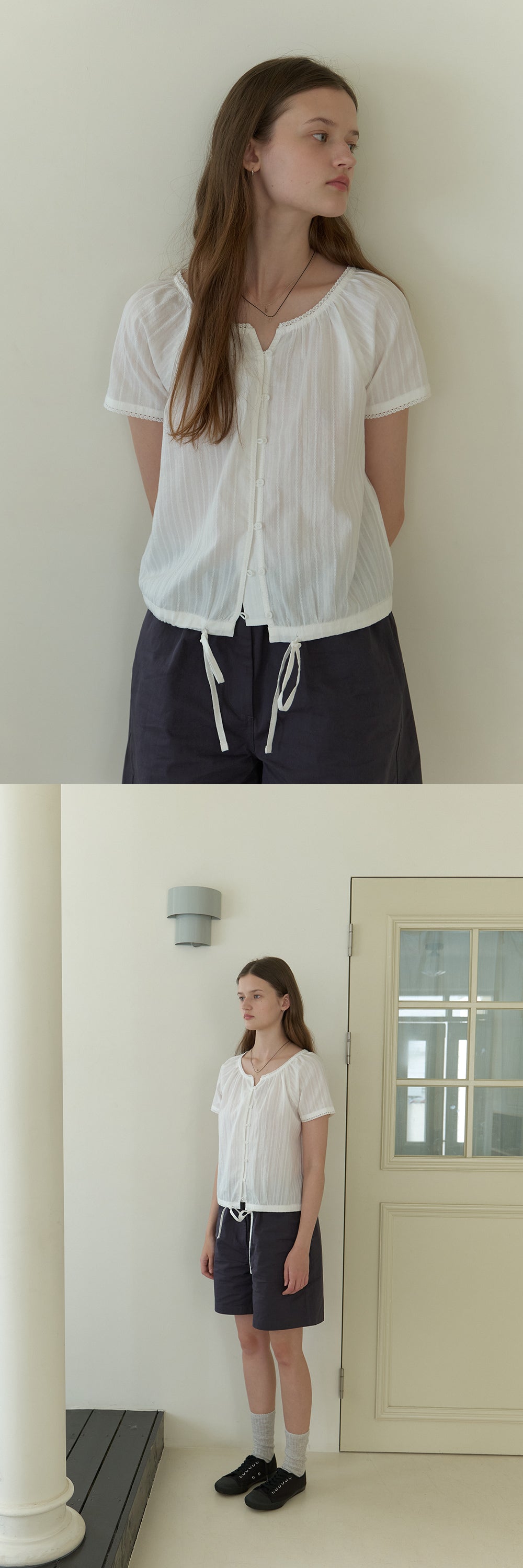 THE MITTEN Foliage half blouse (white)