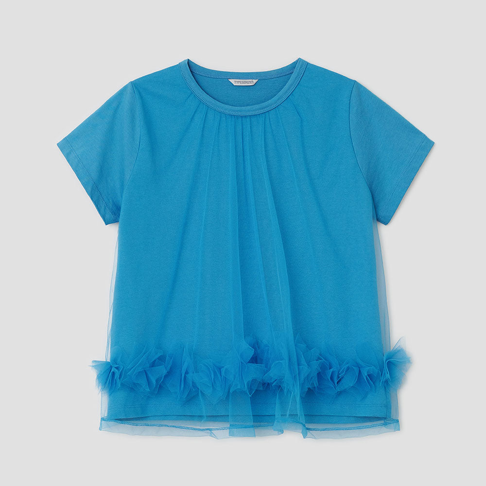 typeservice Mesh Layered Shirring Ruffle Top [Blue]
