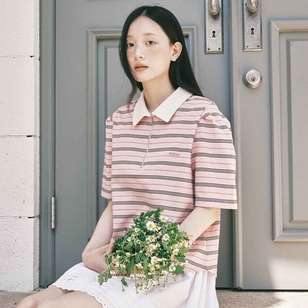 ROIROI Volume sleeve striped collar short sleeve t-shirt - pink