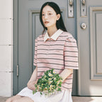 ROIROI Volume sleeve striped collar short sleeve t-shirt - pink