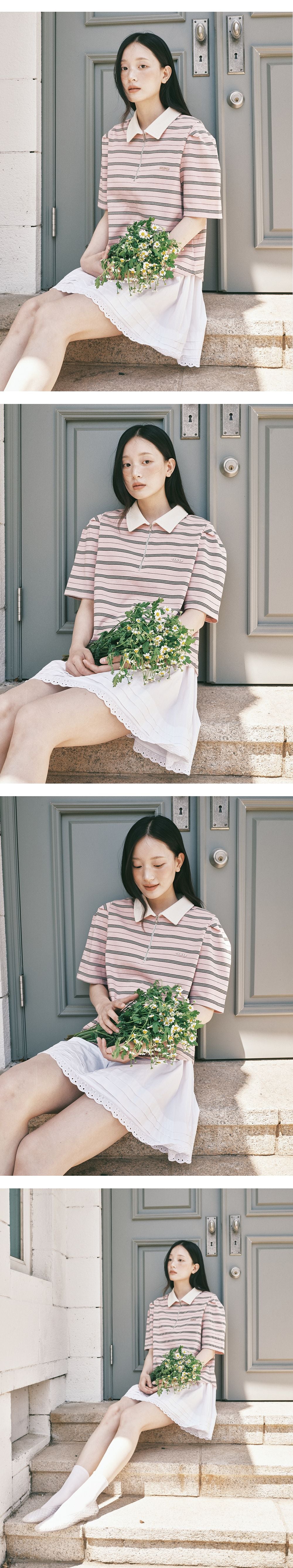 ROIROI Volume sleeve striped collar short sleeve t-shirt - pink