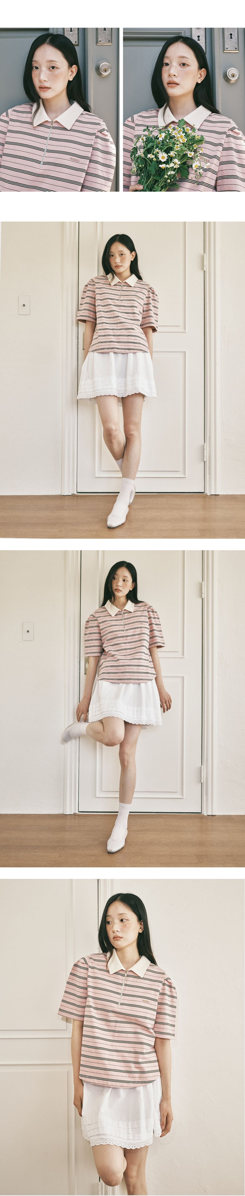 ROIROI Volume sleeve striped collar short sleeve t-shirt - pink