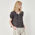 OSTKAKA Pintuck lace blouse gray check