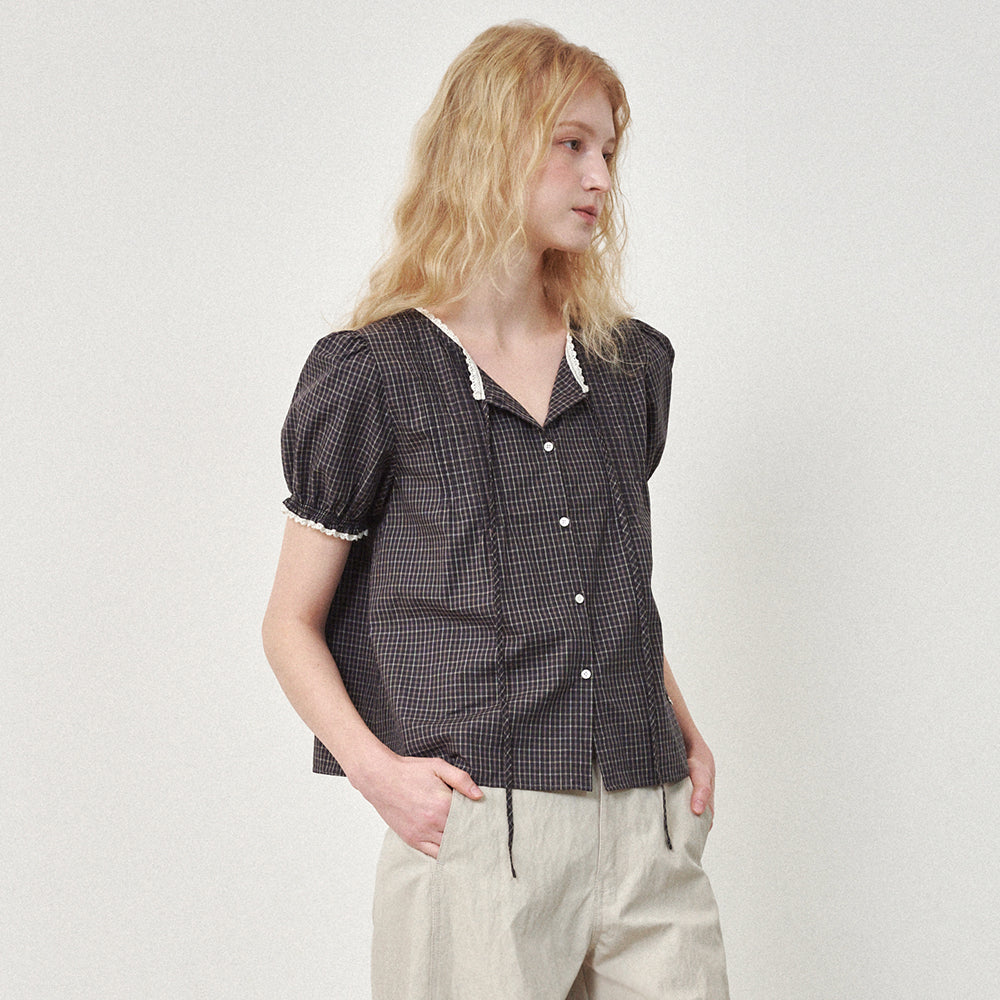 OSTKAKA Pintuck lace blouse gray check