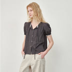 OSTKAKA Pintuck lace blouse gray check