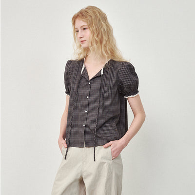 Pintuck lace blouse gray check