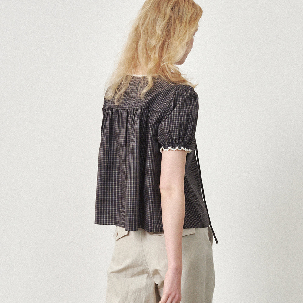 OSTKAKA Pintuck lace blouse gray check