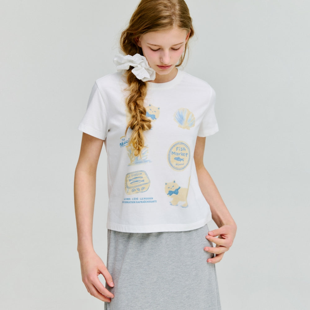 DEPOUND kitten fish market slim t-shirt - ivory