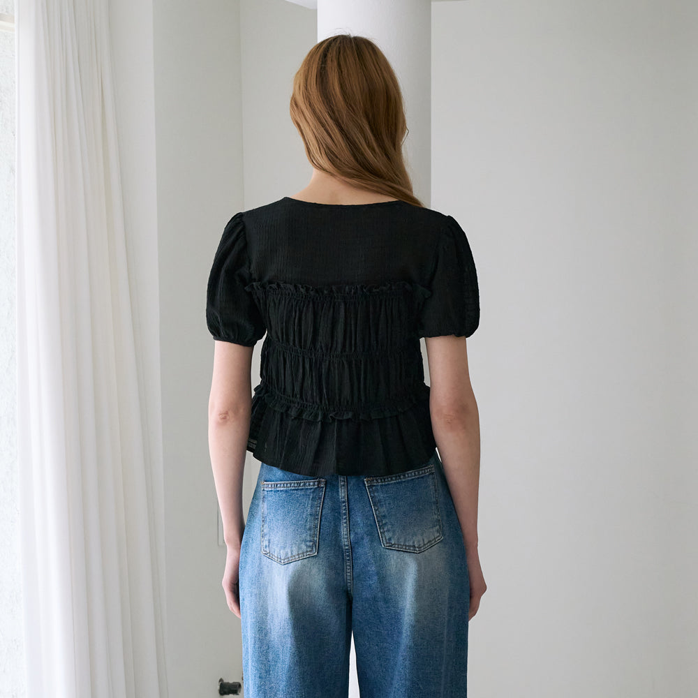 DEHEVE Ribbon Smocked Blouse [Black]