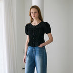DEHEVE Ribbon Smocked Blouse [Black]