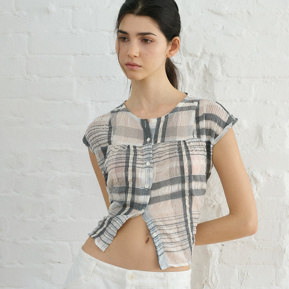 BLUE BRICK Check flare blouse (black)