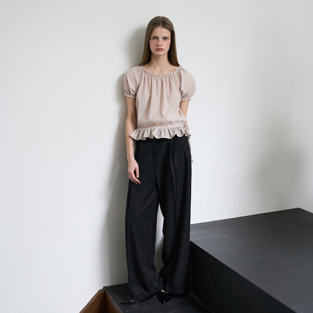 DEHEVE Frill Puff Crop Blouse [Pink]