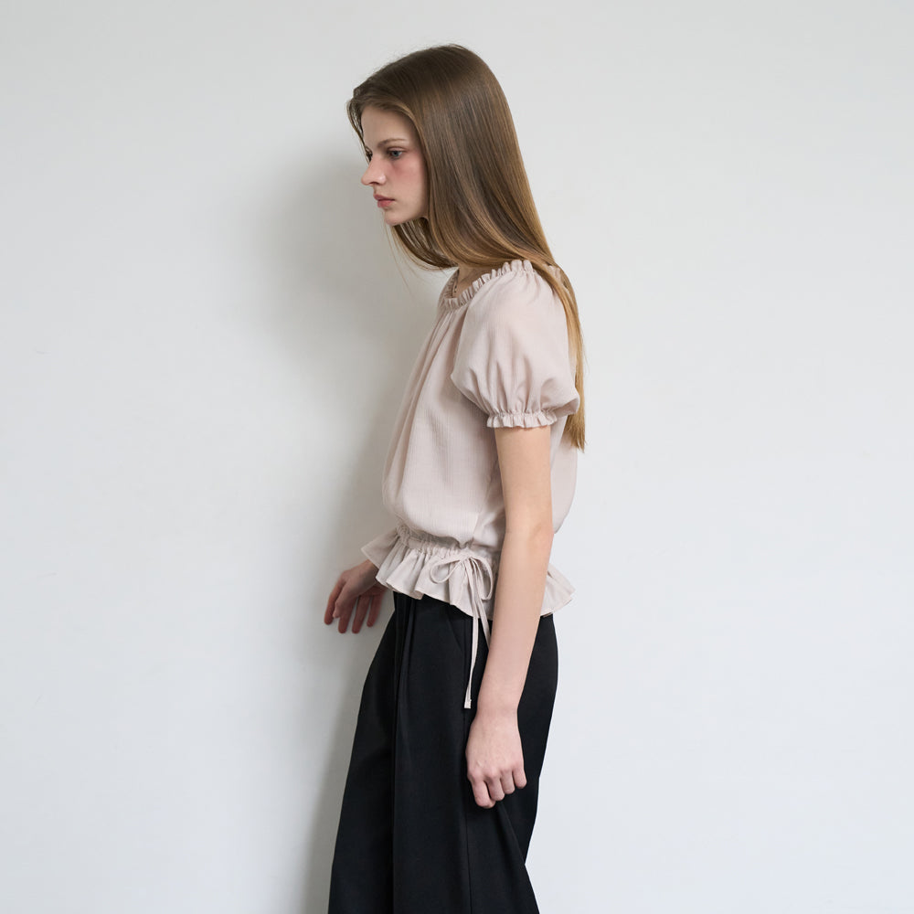 DEHEVE Frill Puff Crop Blouse [Pink]
