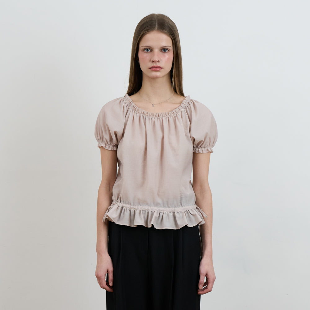 DEHEVE Frill Puff Crop Blouse [Pink]