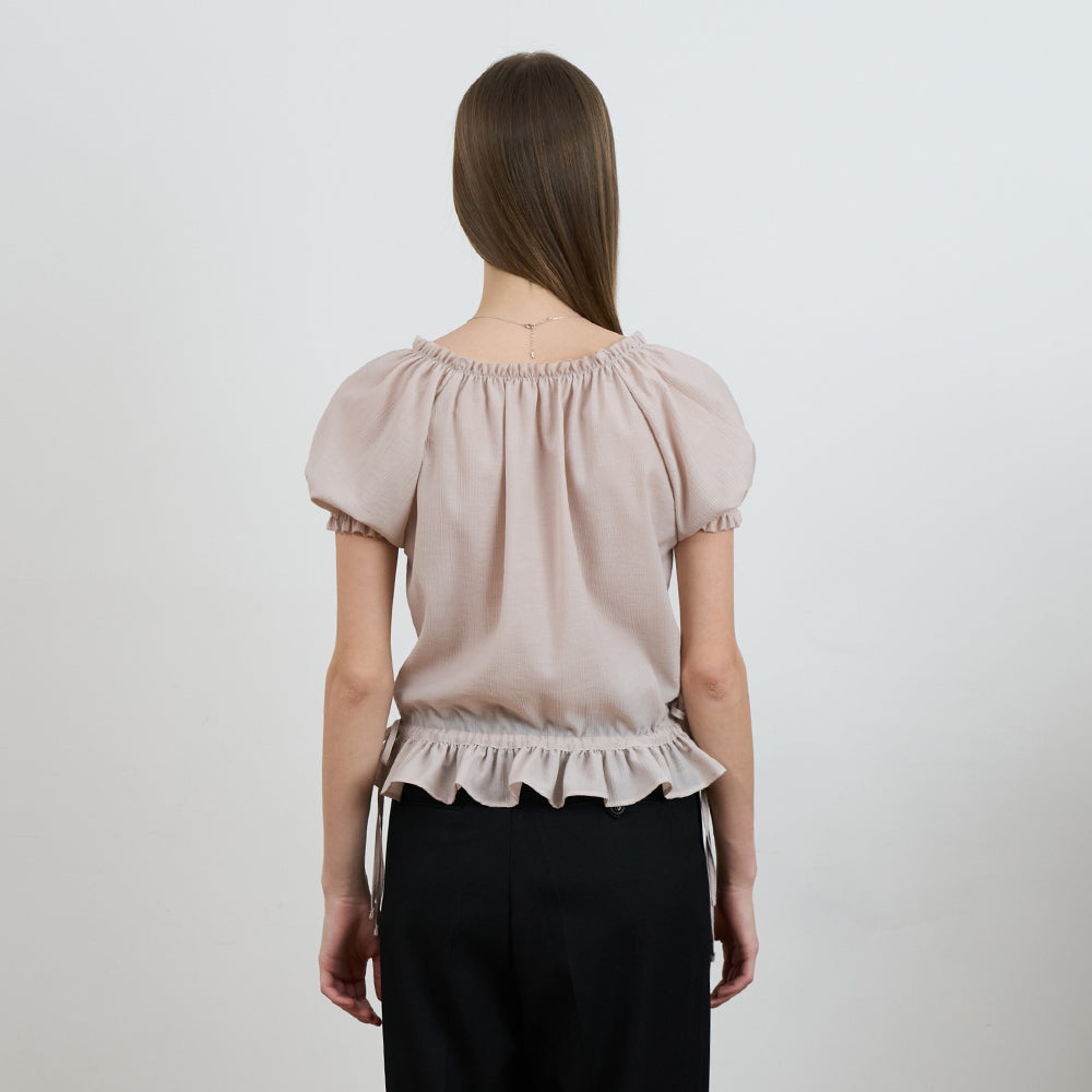 DEHEVE Frill Puff Crop Blouse [Pink]
