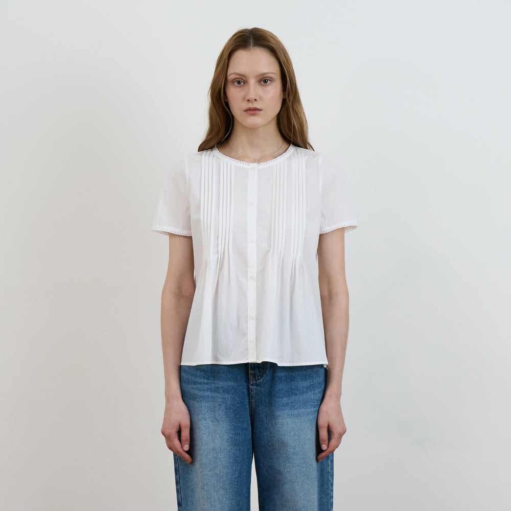 DEHEVE Lace Trim Pintuck Blouse [Ivory]