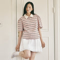 ROIROI Volume sleeve striped collar short sleeve t-shirt - pink