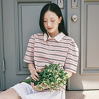 ROIROI Volume sleeve striped collar short sleeve t-shirt - pink