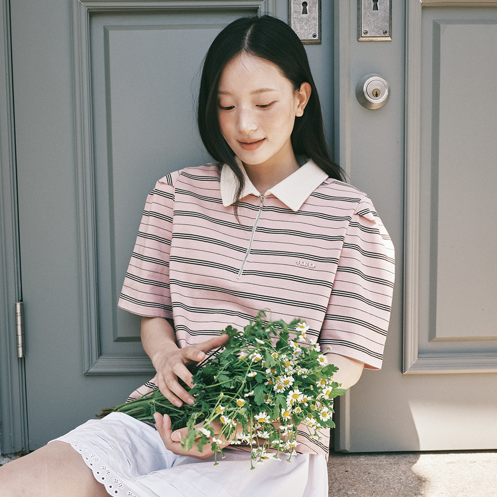 ROIROI Volume sleeve striped collar short sleeve t-shirt - pink
