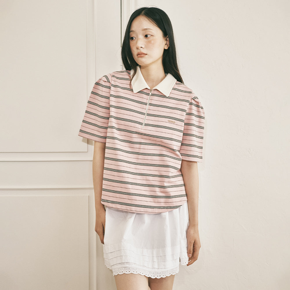 ROIROI Volume sleeve striped collar short sleeve t-shirt - pink