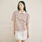 ROIROI Volume sleeve striped collar short sleeve t-shirt - pink