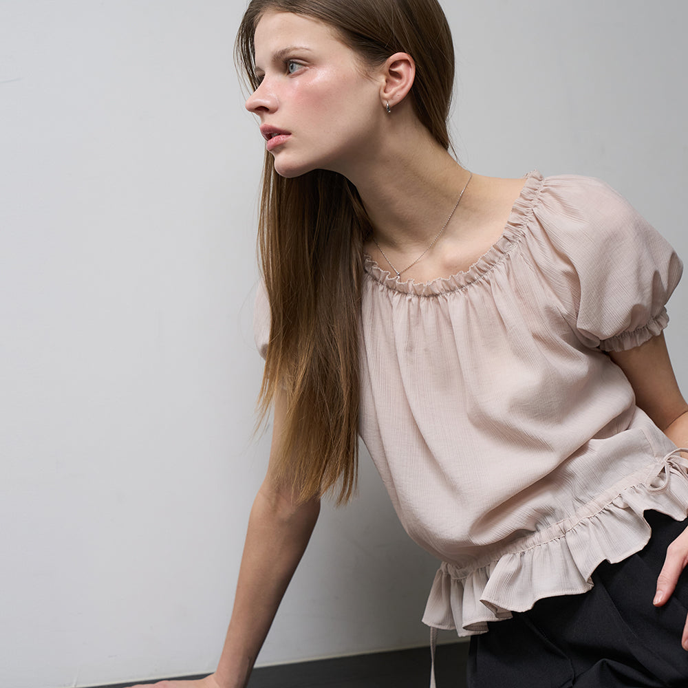 DEHEVE Frill Puff Crop Blouse [Pink]