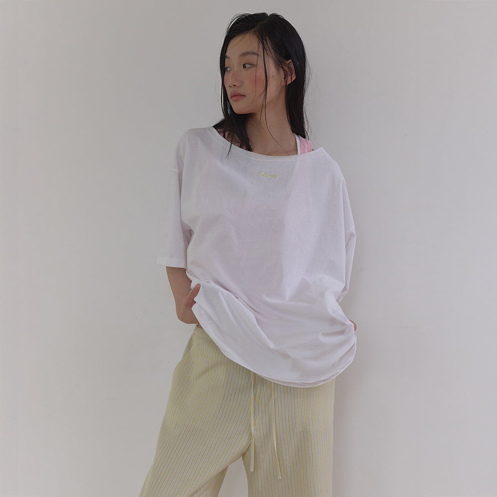 LONQUE EMBROIDERY OFF SHOULDER OVERSIZED T-SHIRT (WHITE)