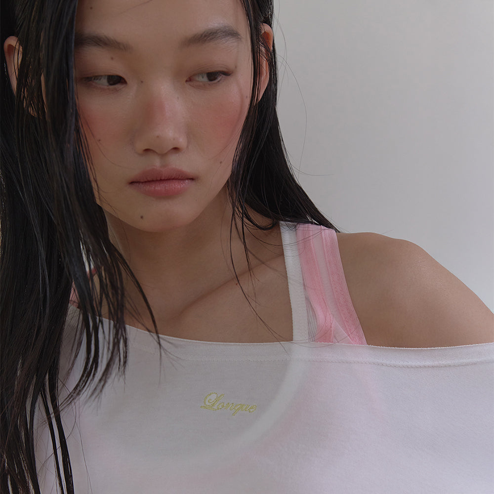 LONQUE EMBROIDERY OFF SHOULDER OVERSIZED T-SHIRT (WHITE)