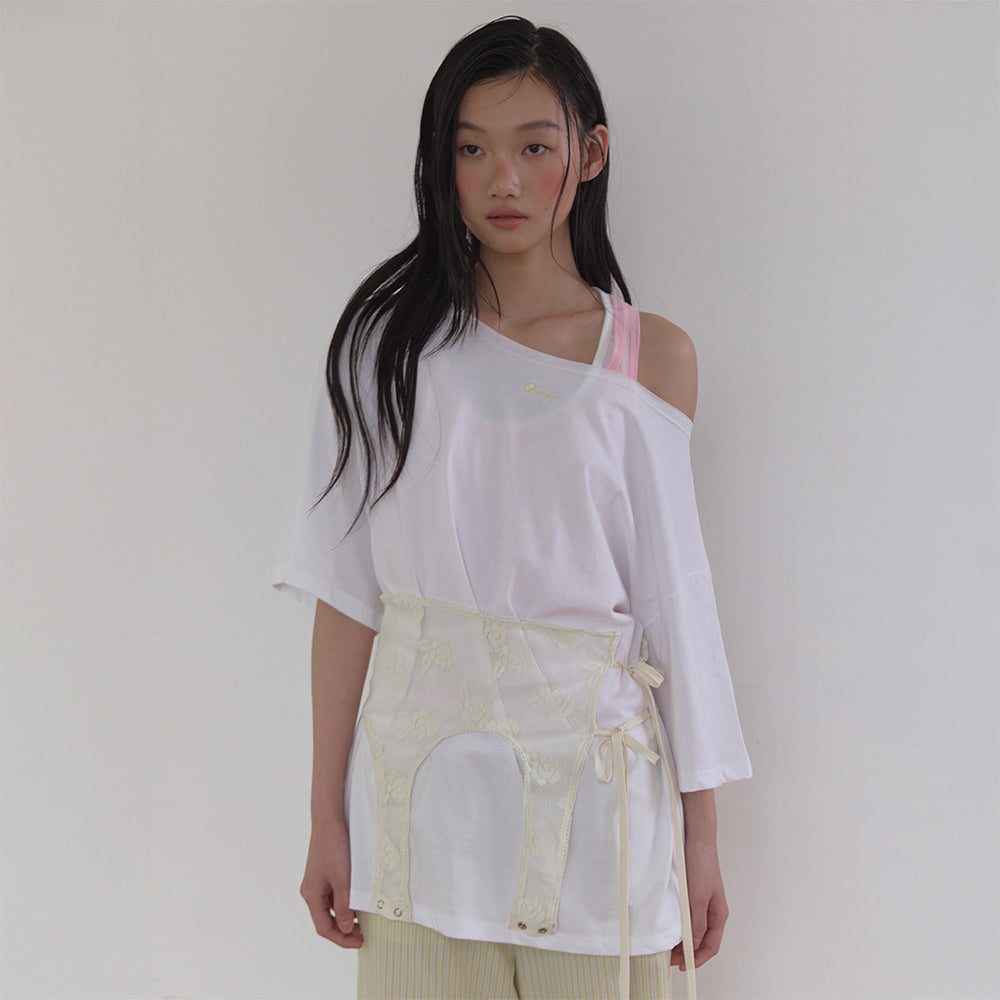 LONQUE EMBROIDERY OFF SHOULDER OVERSIZED T-SHIRT (WHITE)