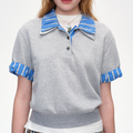 SHORT SENTENCE (concierge) (W) PATCHWORK PLEATED POLO SHIRT (GREY MELANGE)
